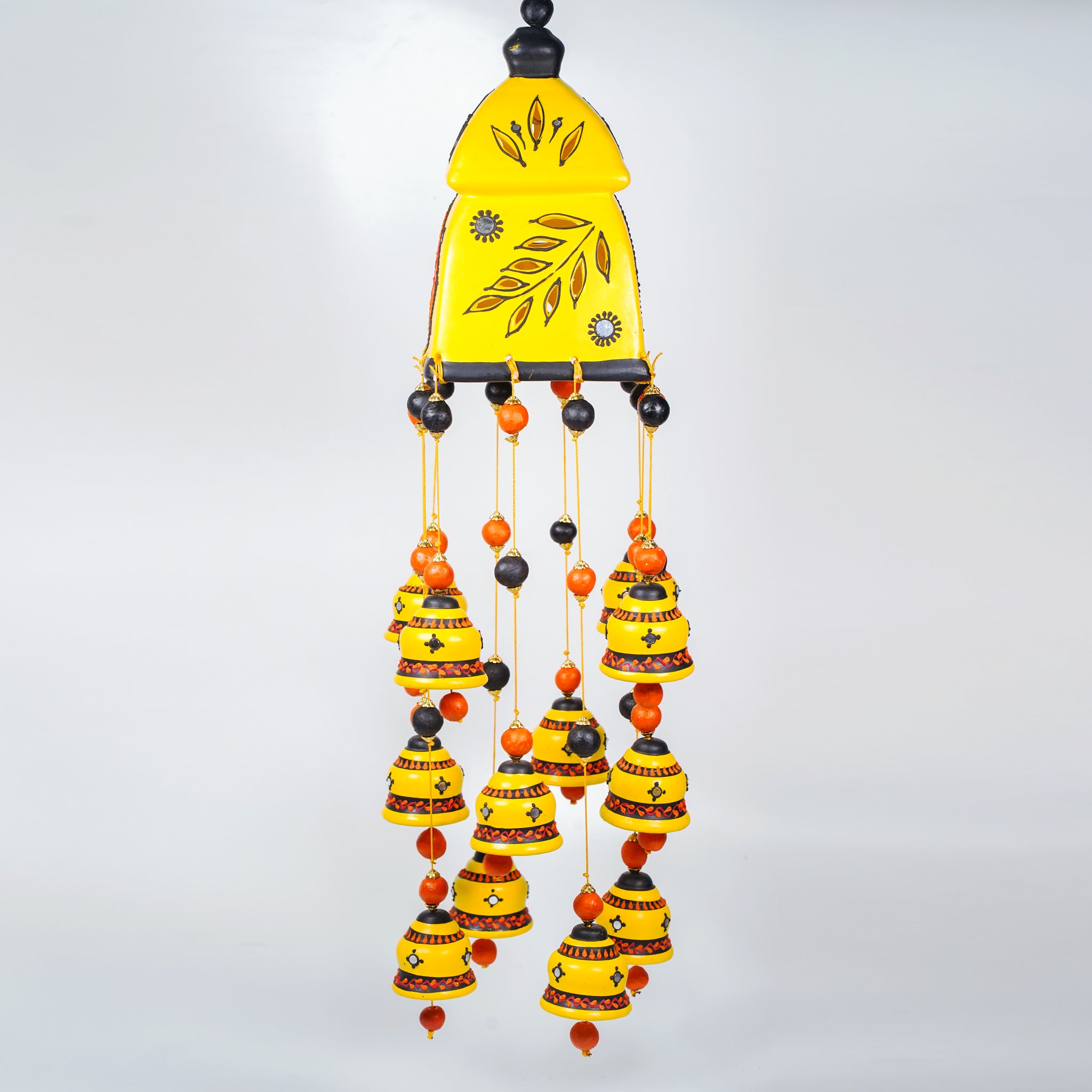 Handcrafted Yellow Bell Wall Hanging – Ethnic Ceramic Wind Chime for Home Decor