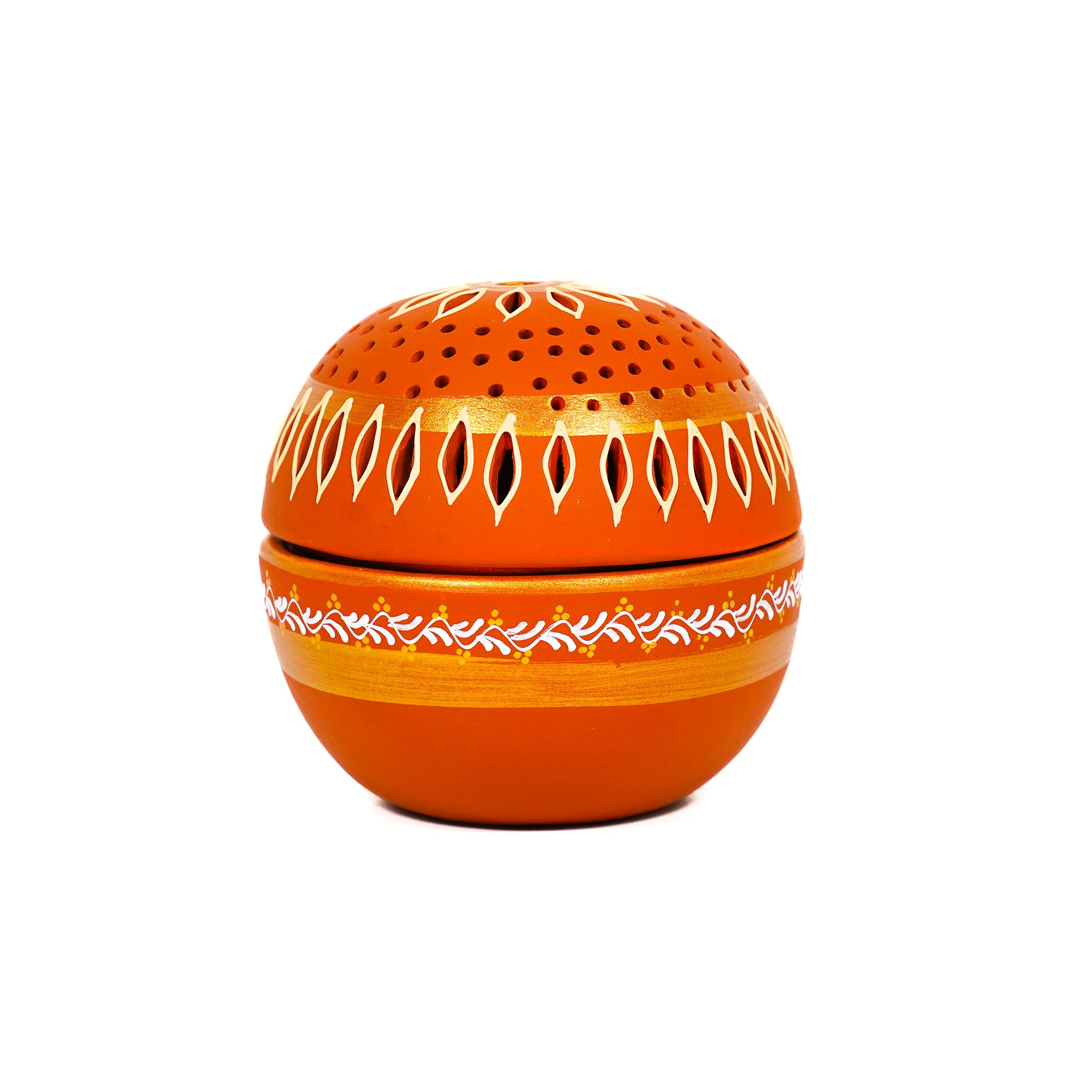 Hand-Carved Terracotta Ball T-Light Holder with Metal Stand