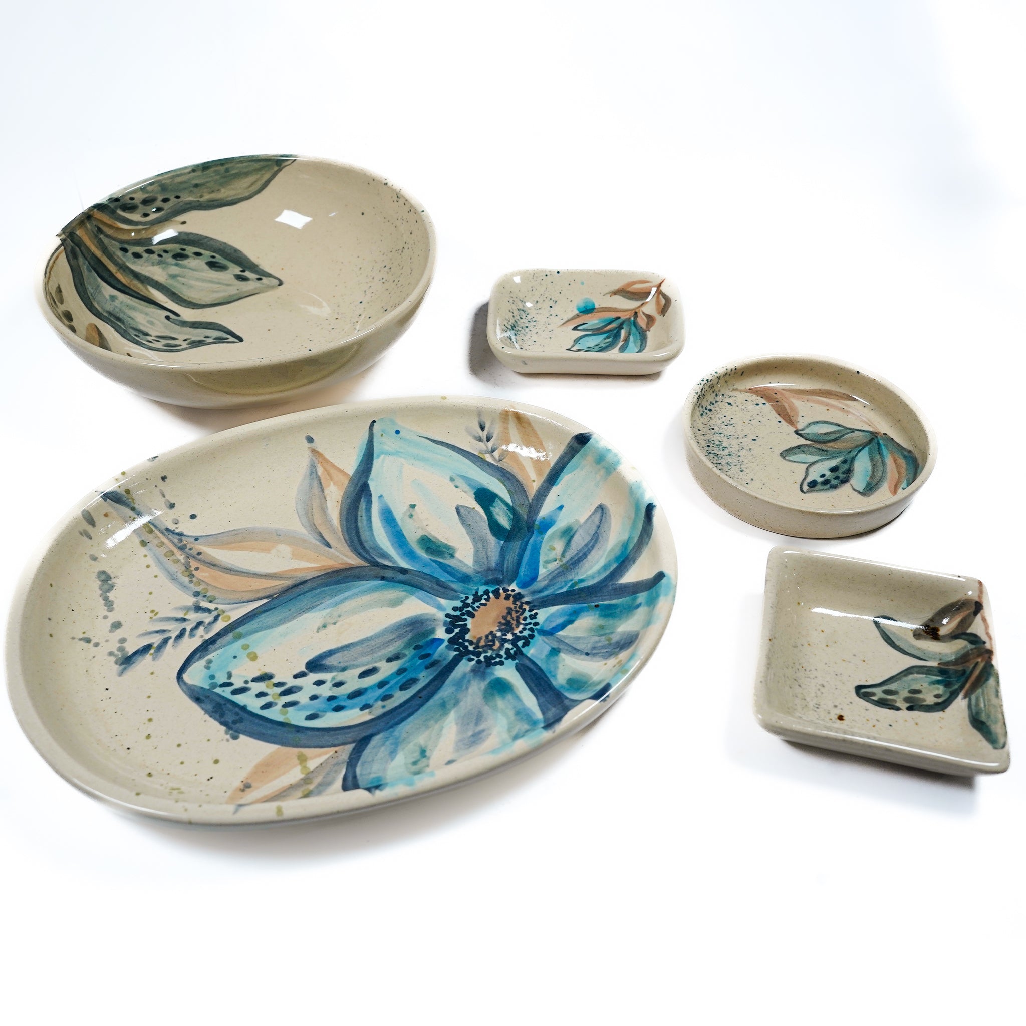 Aqua Cream Theme Floral Hand painted Ceramic Set