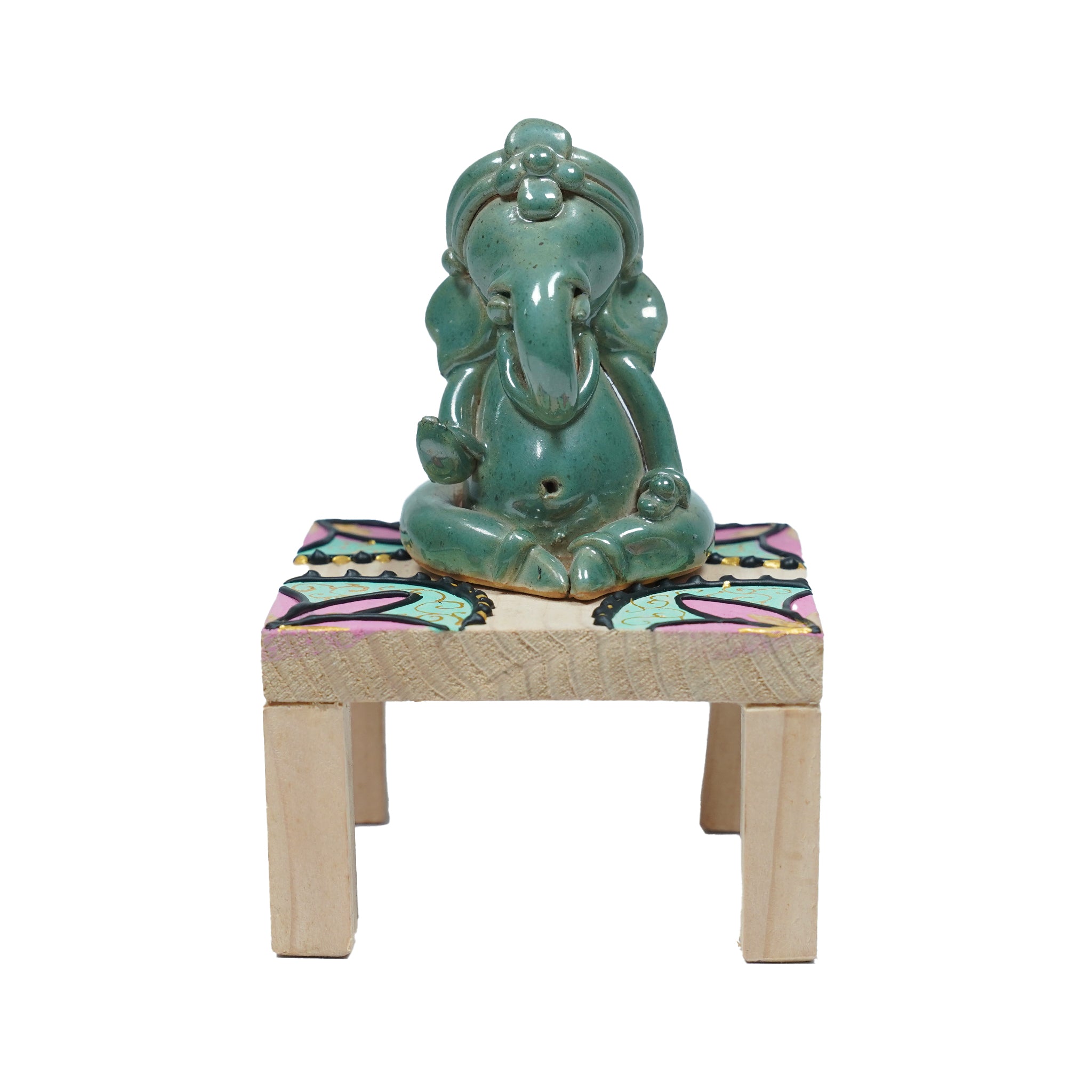 Traditional Handmade Ceramic Ganesh Murti on Wooden Platform