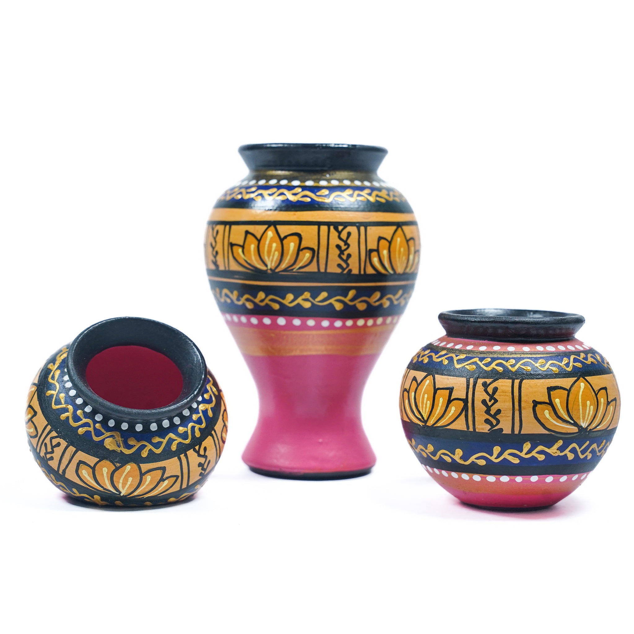 Small Hand-Painted Pot Set – Pink & Gold Lotus Motif