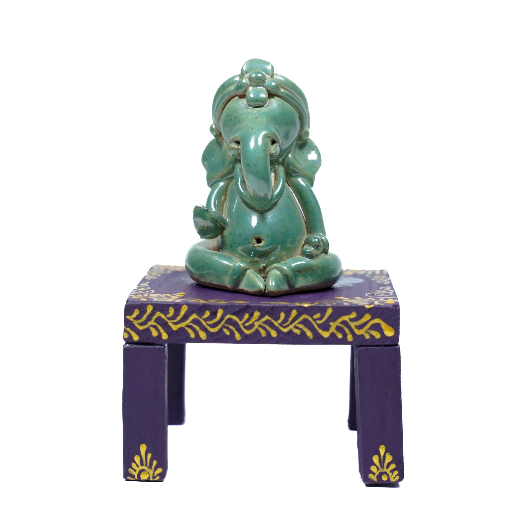 Decorative Ceramic Ganesha with Painted Wooden Base