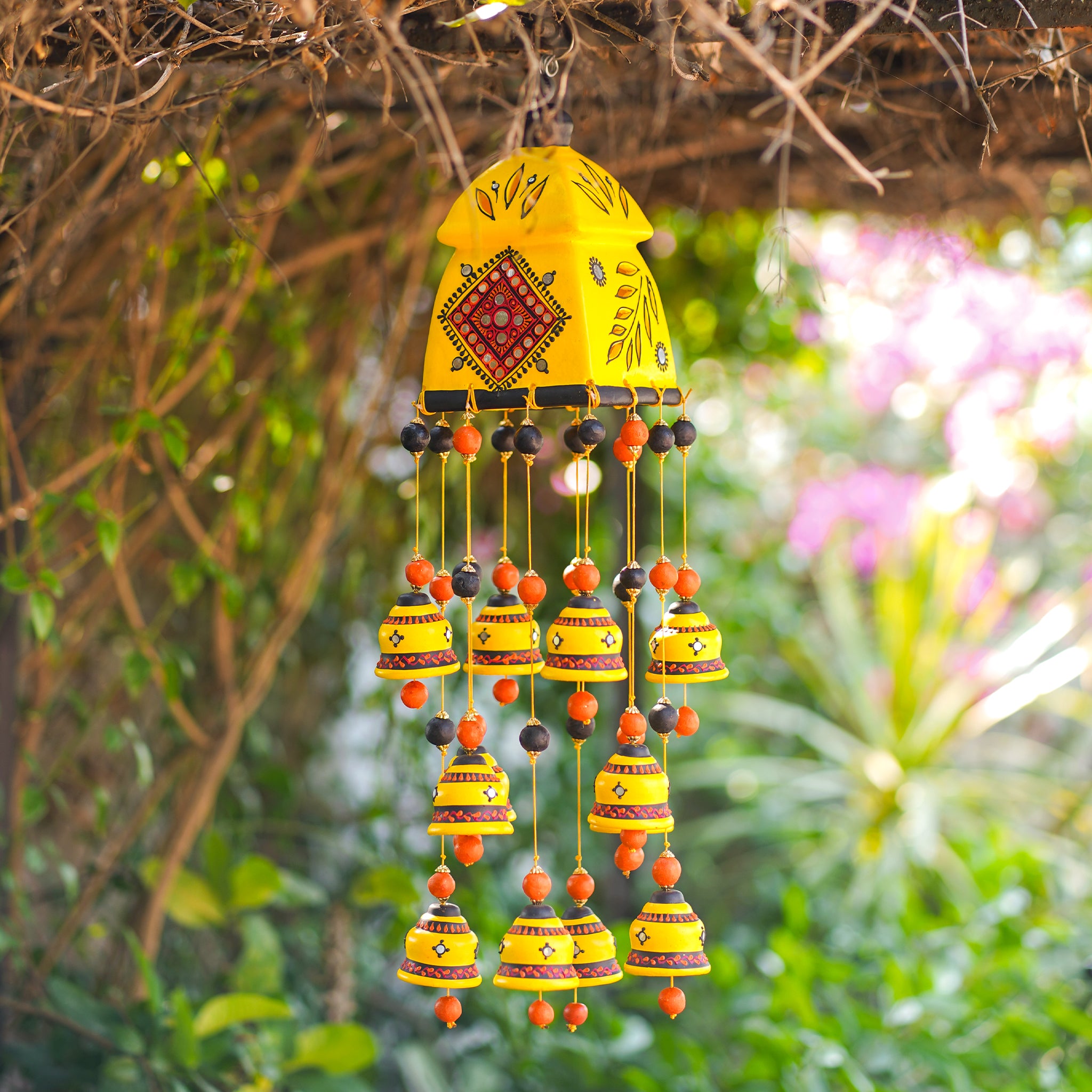 Handcrafted Yellow Bell Wall Hanging – Ethnic Ceramic Wind Chime for Home Decor