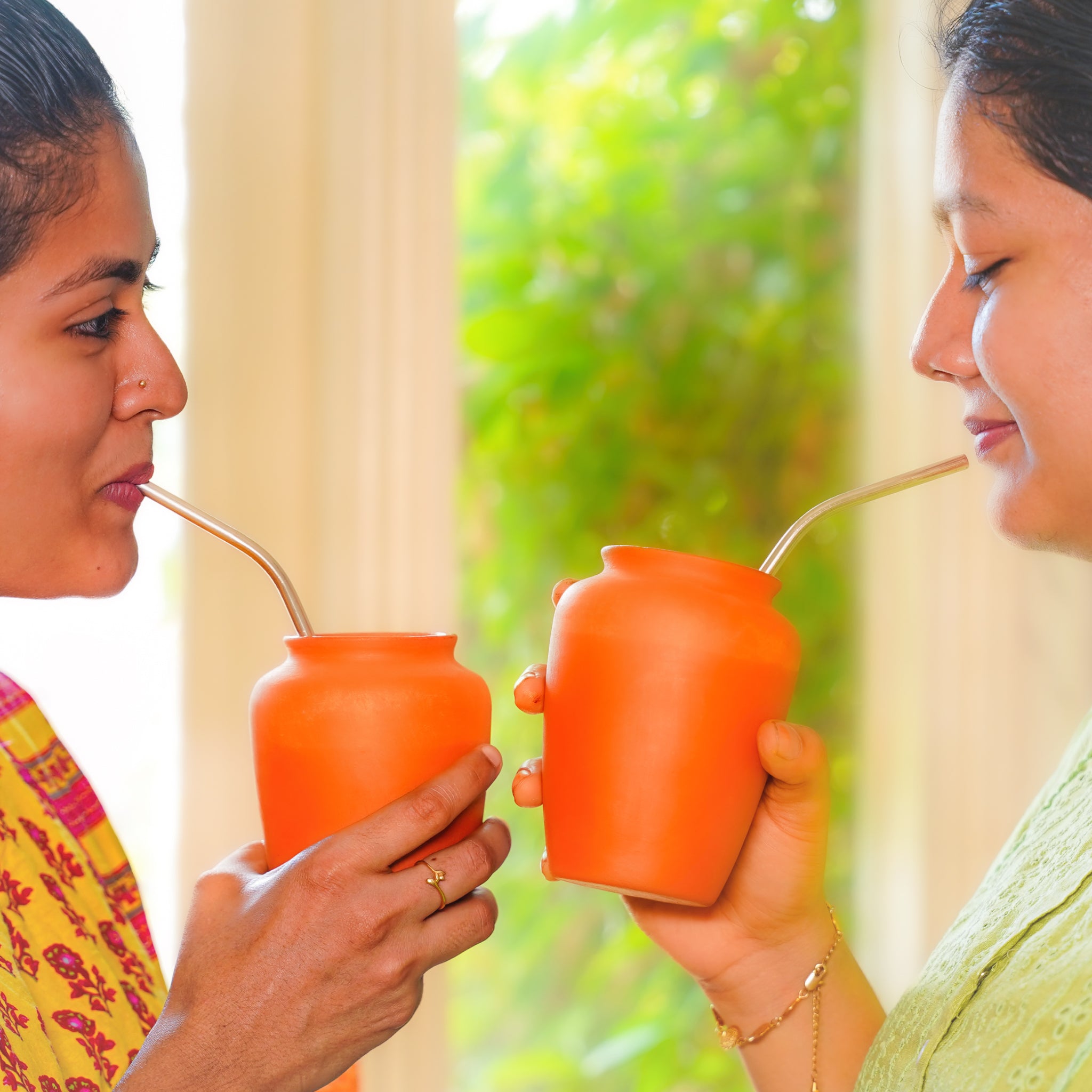 Terracotta-Style Ceramic Mate Cups with Steel Straw Set (Set of 2)