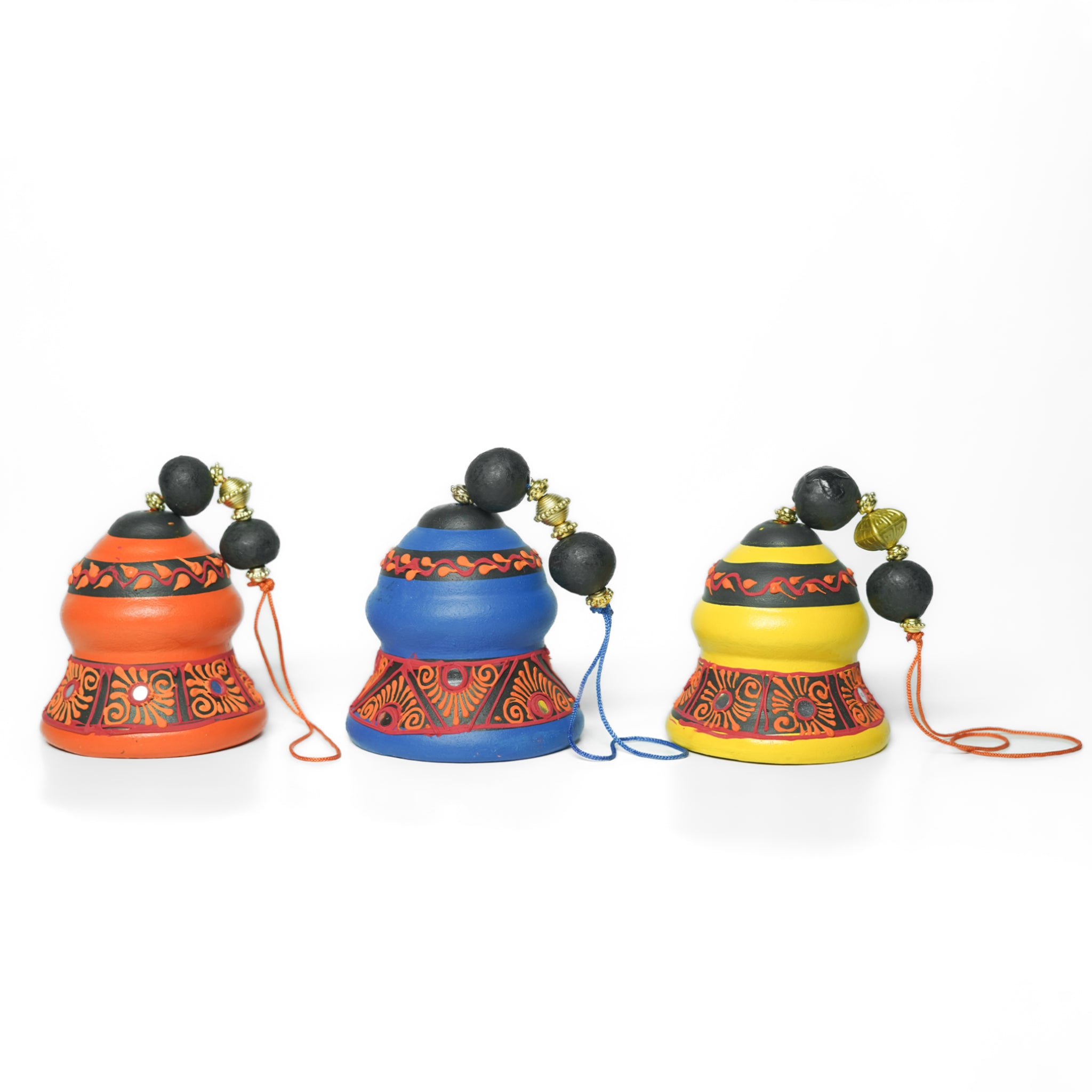 Handcrafted Terracotta Hanging Bells – Set of 3 (Yellow, Blue & Orange)