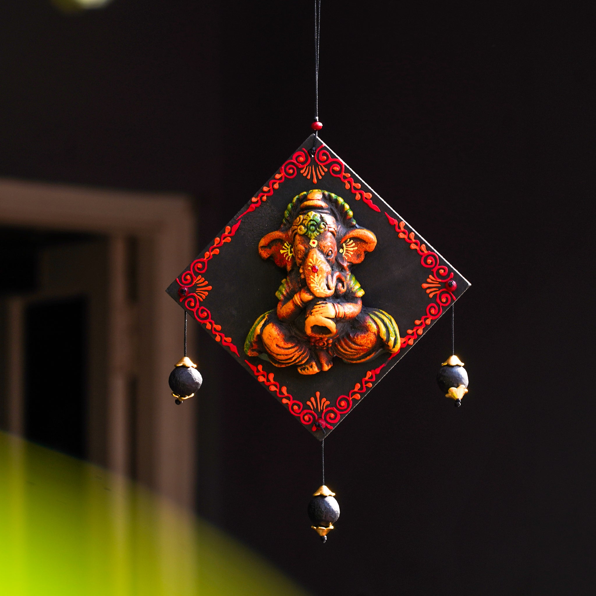 Ethnic Terracotta Ganesha Wall Hanging – Black & Orange Accents