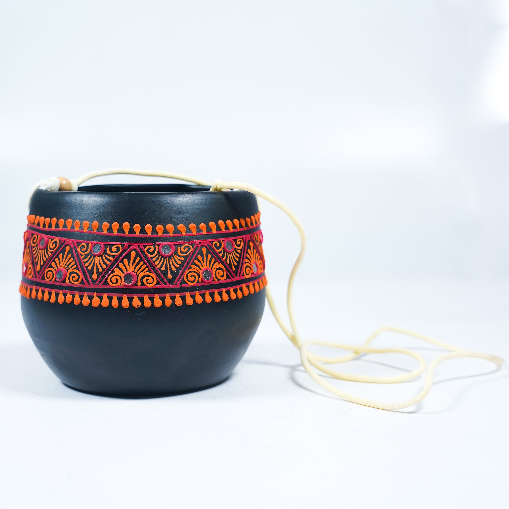 Black Earthenware Hanging Pot with Orange Tribal Art