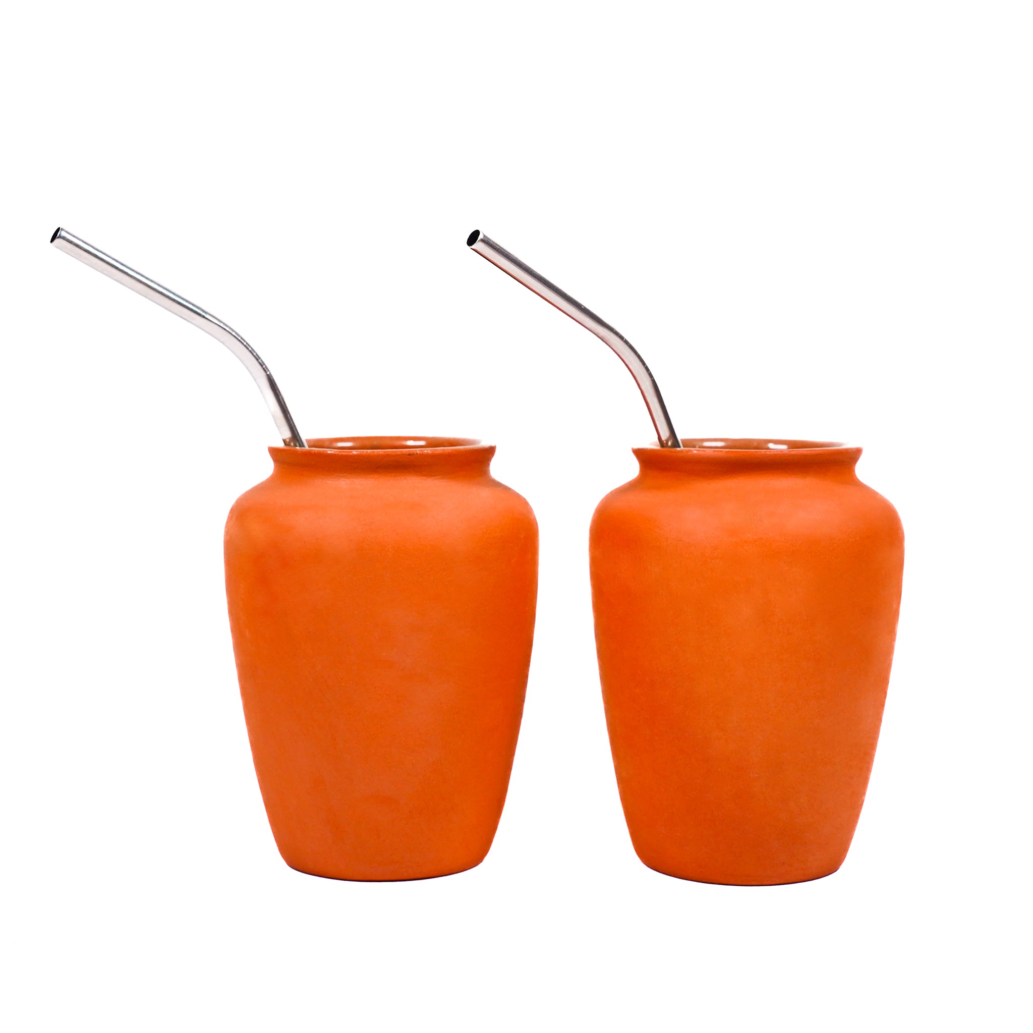 Terracotta-Style Ceramic Mate Cups with Steel Straw Set (Set of 2)