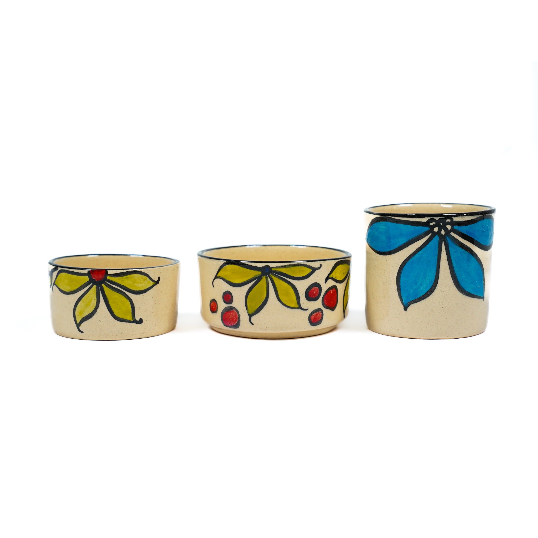 Set of 3 Hand-Painted Ceramic Cottori: T-Light Holder, Mini Planter & Pen Cup