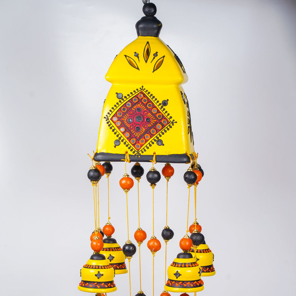 Handcrafted Yellow Bell Wall Hanging – Ethnic Ceramic Wind Chime for Home Decor