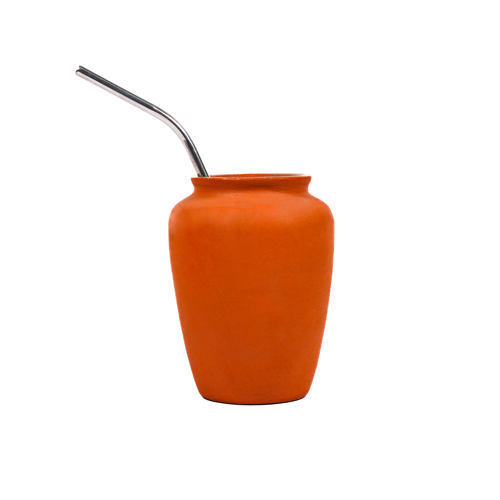 Terracotta-Style Ceramic Mate Cups with Steel Straw Set (Set of 2)