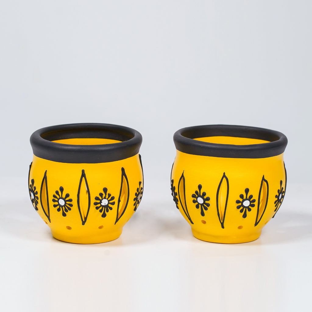 Decorative Clay T-light Holder (Set of 2) – Carved Floral Glow