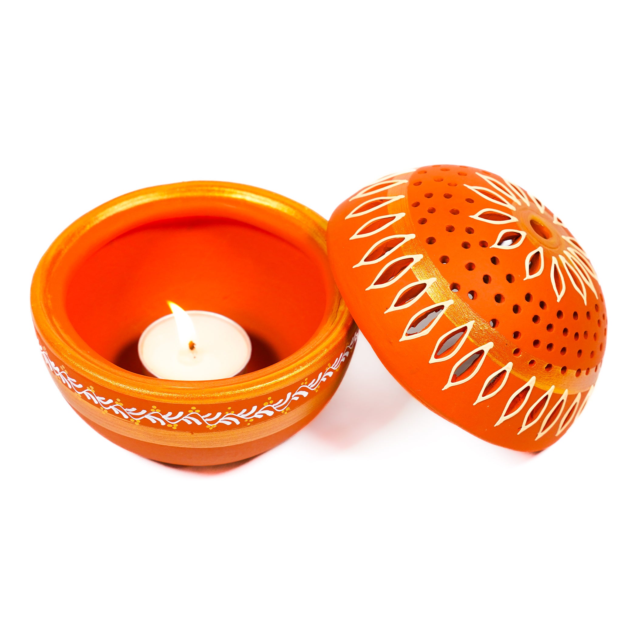 Hand-Carved Terracotta Ball T-Light Holder with Metal Stand