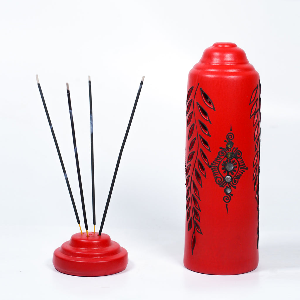 Terracotta Incense Holder – Carved Leaf Pattern