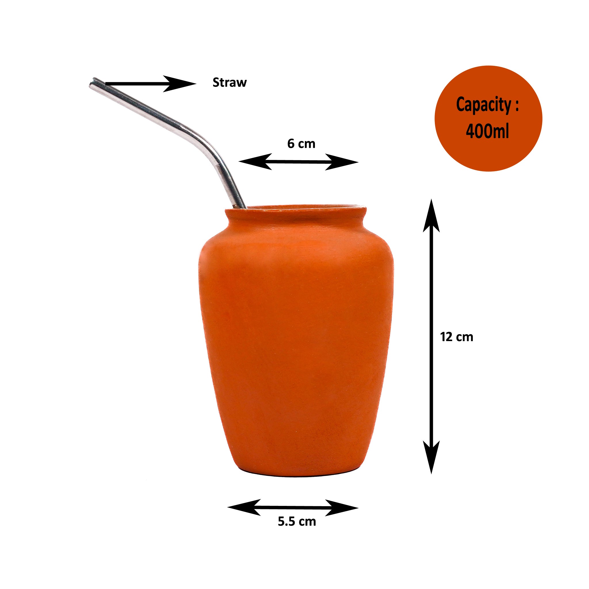 Terracotta-Style Ceramic Mate Cups with Steel Straw Set (Set of 2)