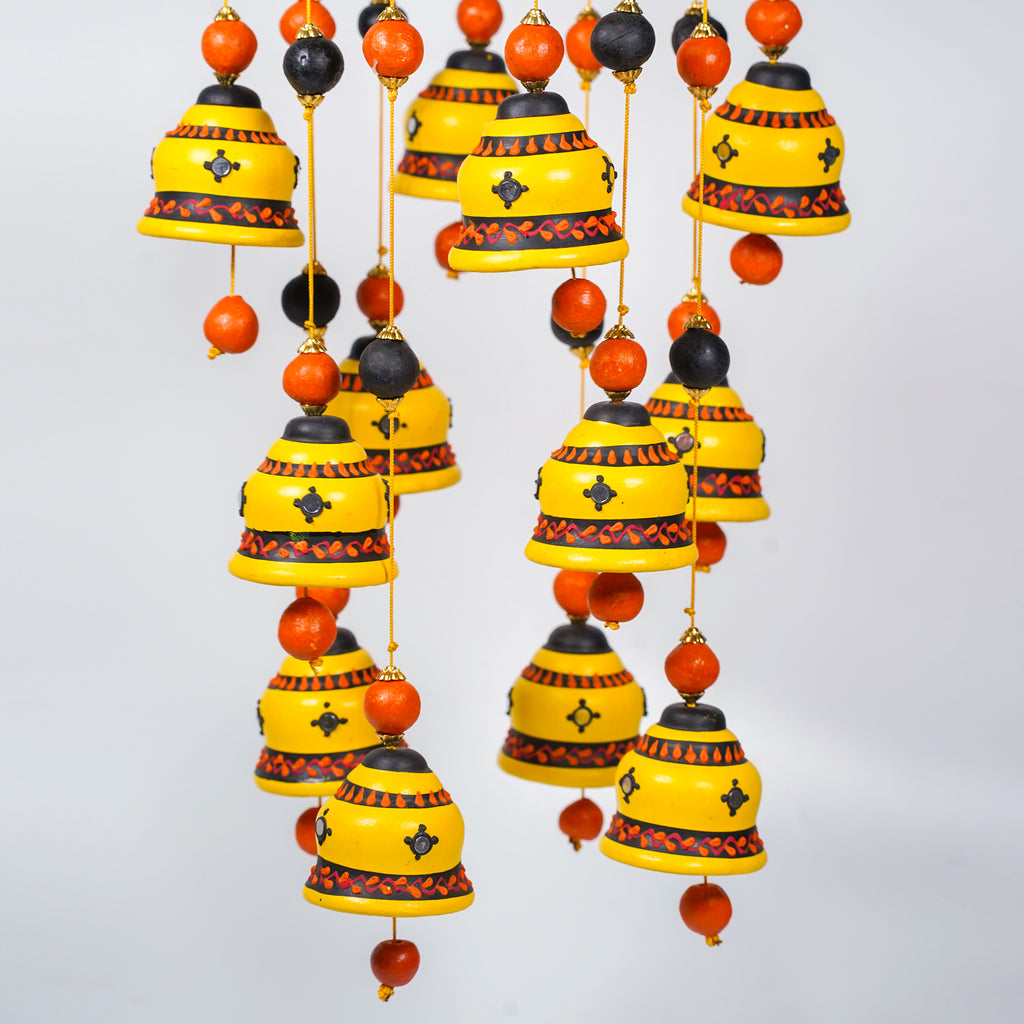 Handcrafted Yellow Bell Wall Hanging – Ethnic Ceramic Wind Chime for Home Decor