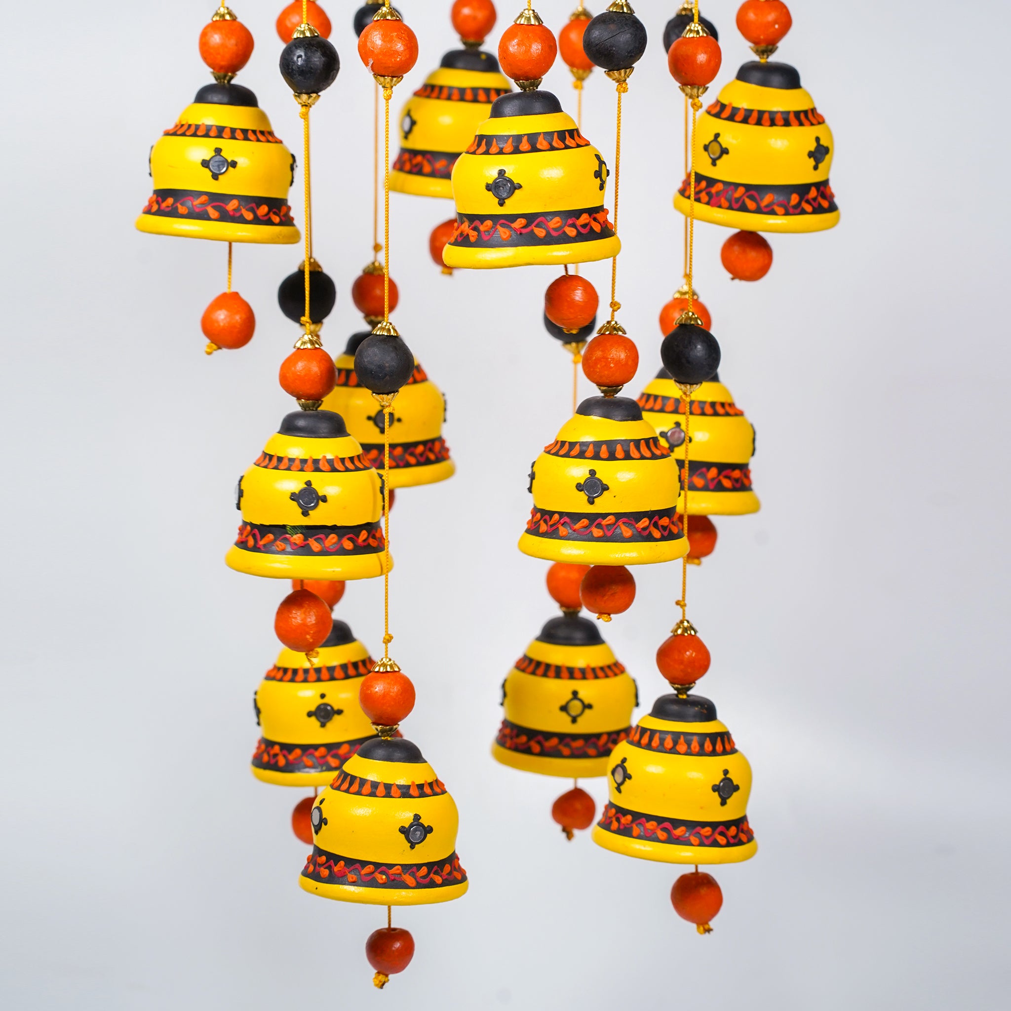Handcrafted Yellow Bell Wall Hanging – Ethnic Ceramic Wind Chime for Home Decor