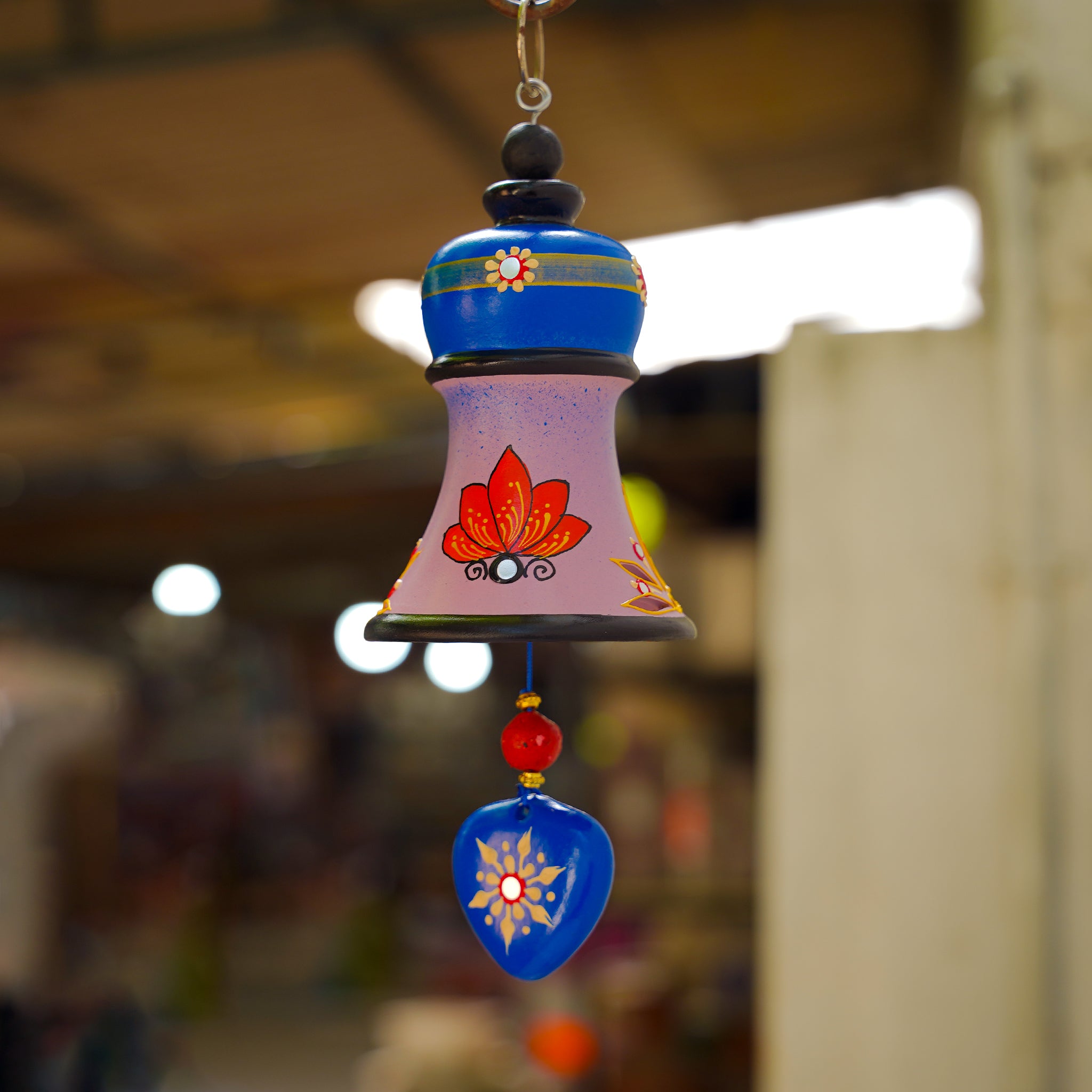 Hand-Painted Ceramic Hanging Bell with Heart Charm
