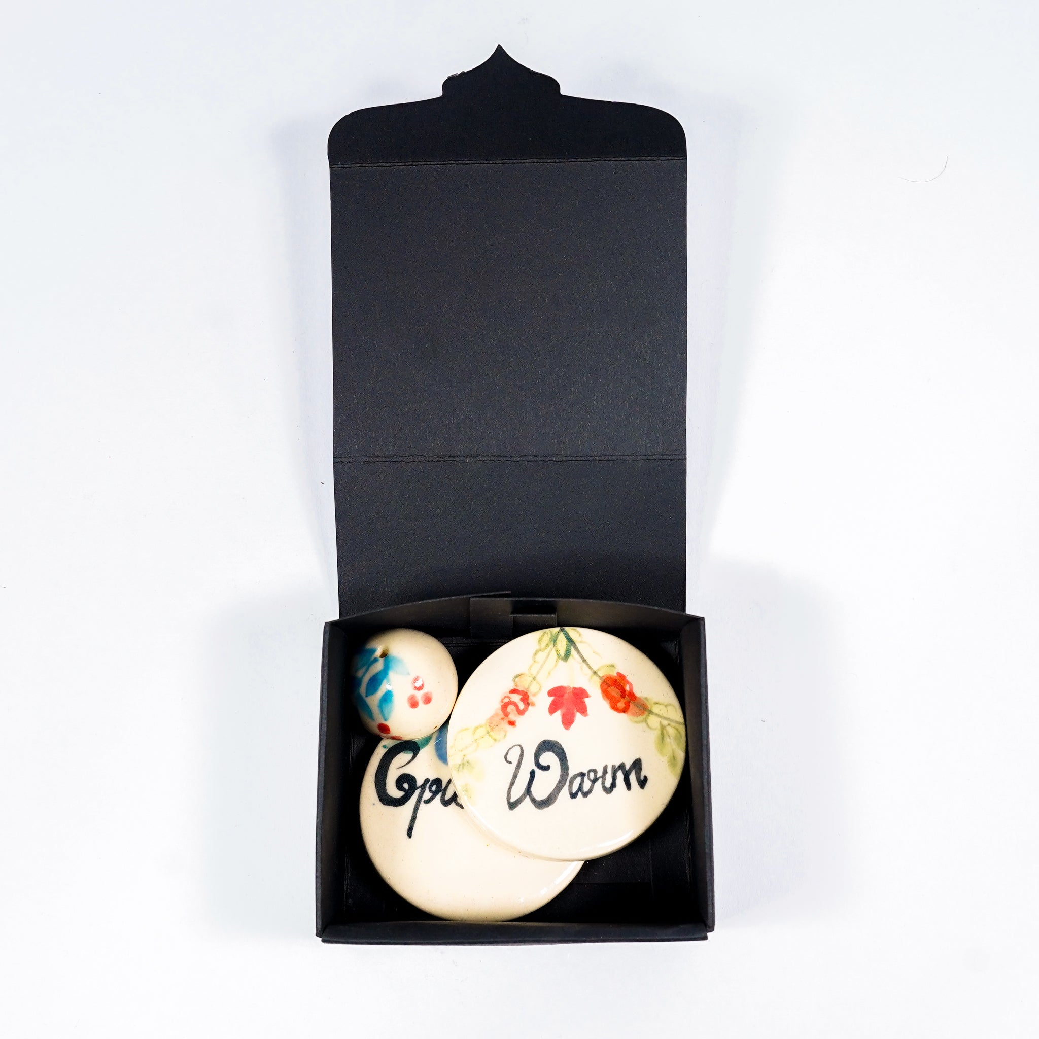 "Warm Greetings" Hand-Painted Floral Incense Stand and Magnet Set