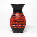 Handcrafted Black Terracotta Vase with Vibrant Red Tribal Design