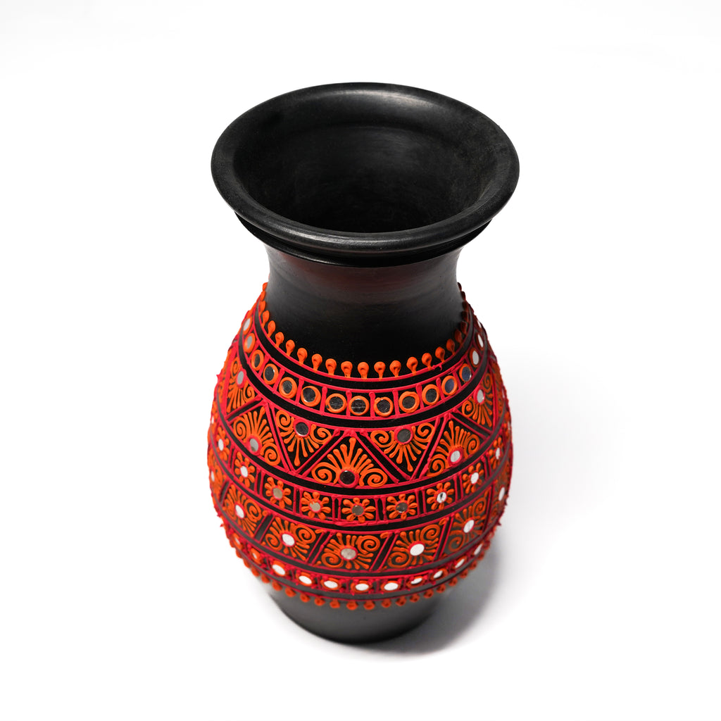 Handcrafted Black Terracotta Vase with Vibrant Red Tribal Design