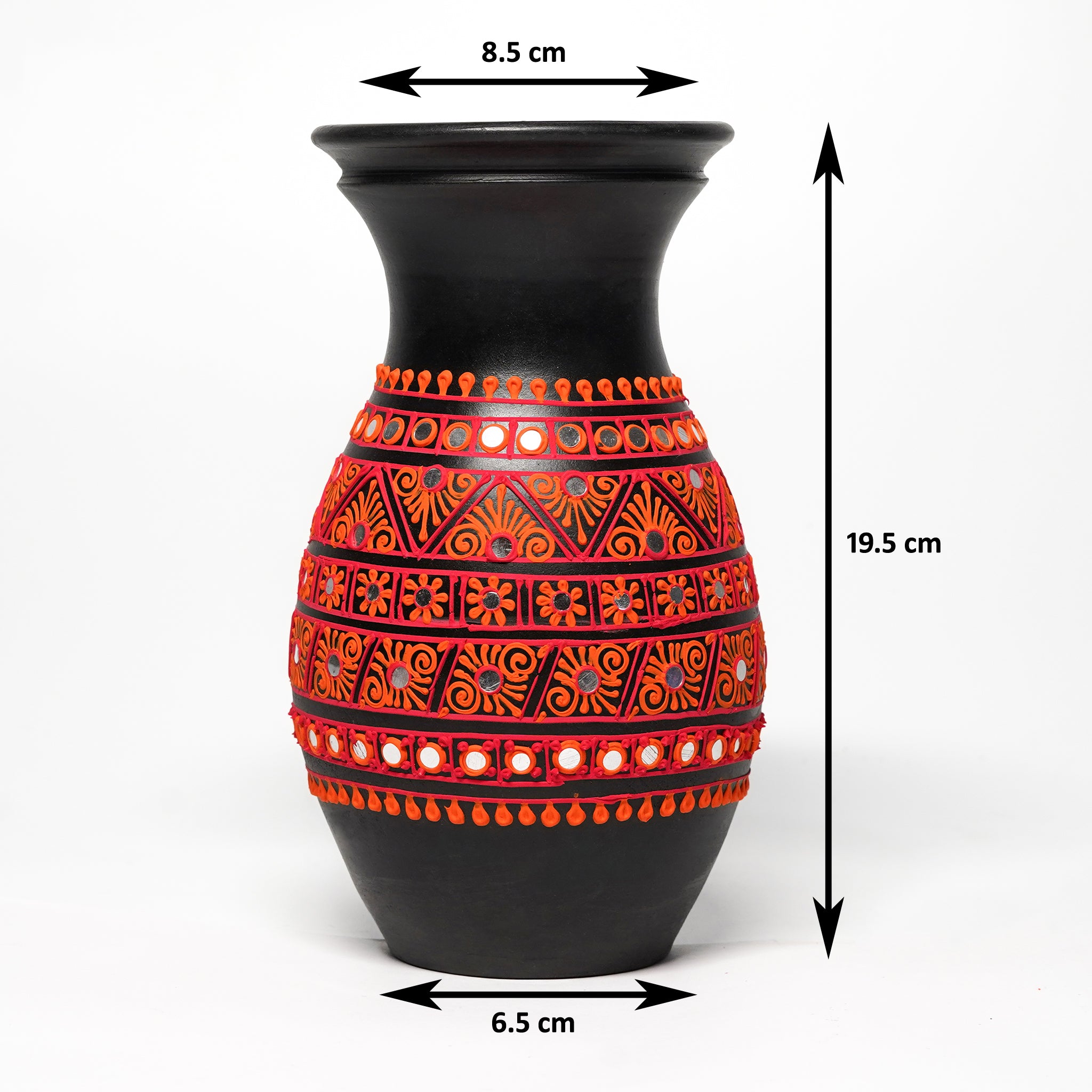 Handcrafted Black Terracotta Vase with Vibrant Red Tribal Design