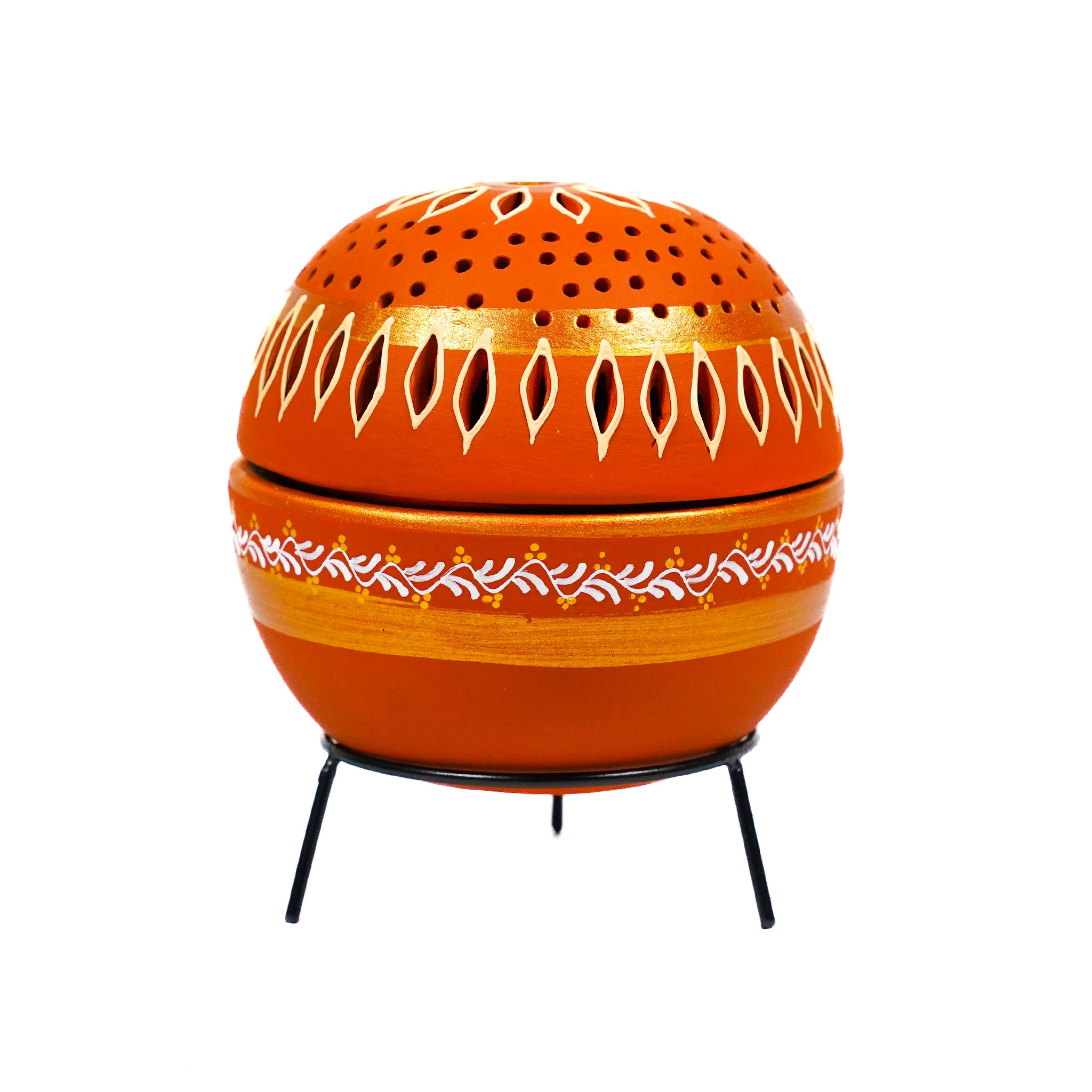 Hand-Carved Terracotta Ball T-Light Holder with Metal Stand