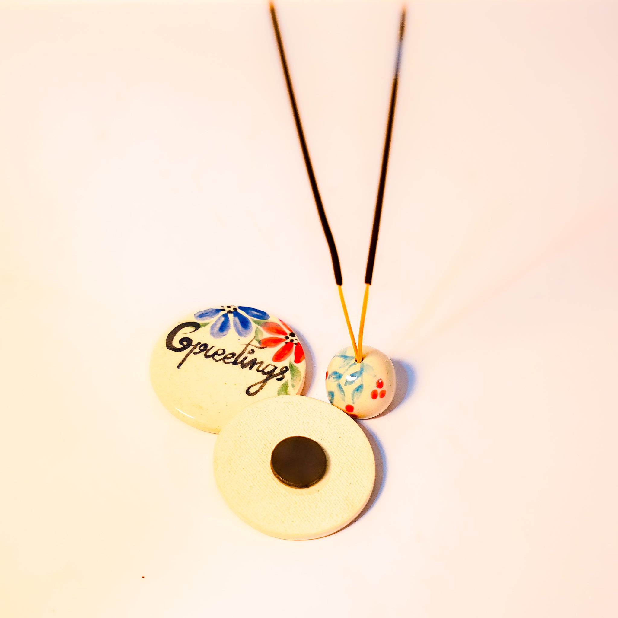 "Warm Greetings" Hand-Painted Floral Incense Stand and Magnet Set