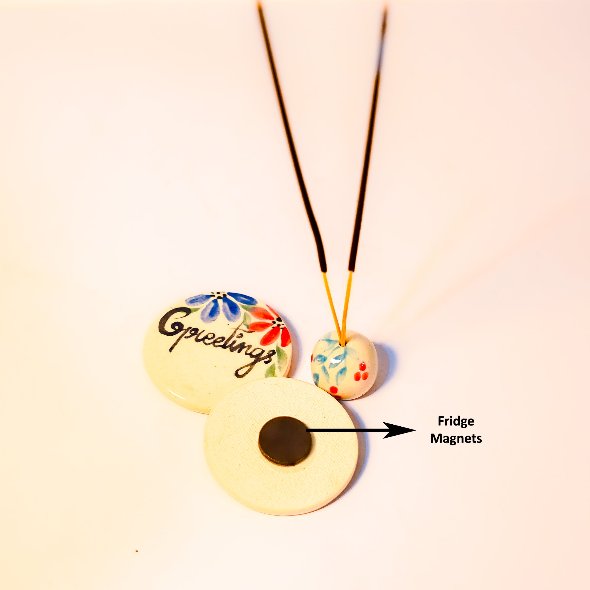 "Warm Greetings" Hand-Painted Floral Incense Stand and Magnet Set