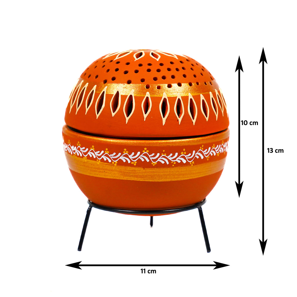 Hand-Carved Terracotta Ball T-Light Holder with Metal Stand