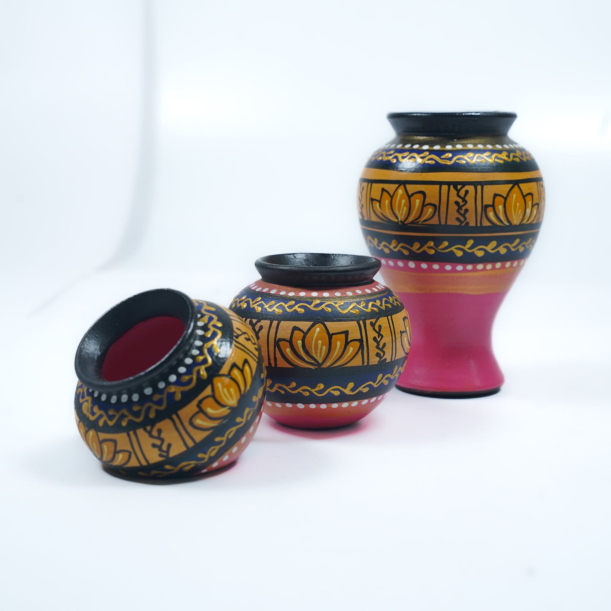 Small Hand-Painted Pot Set – Pink & Gold Lotus Motif
