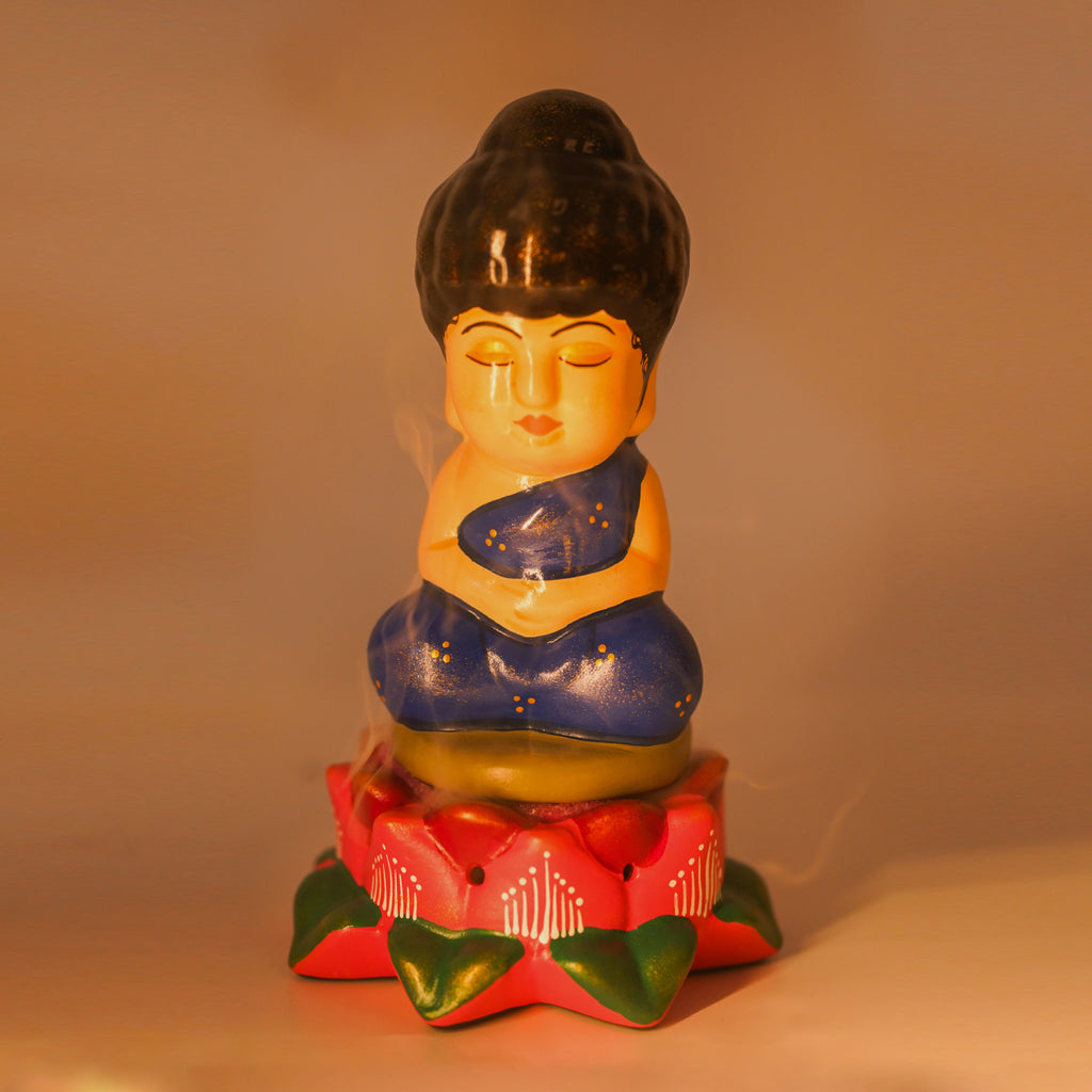 Lotus Buddha Earthenware Sculpture – Handcrafted Clay Decor