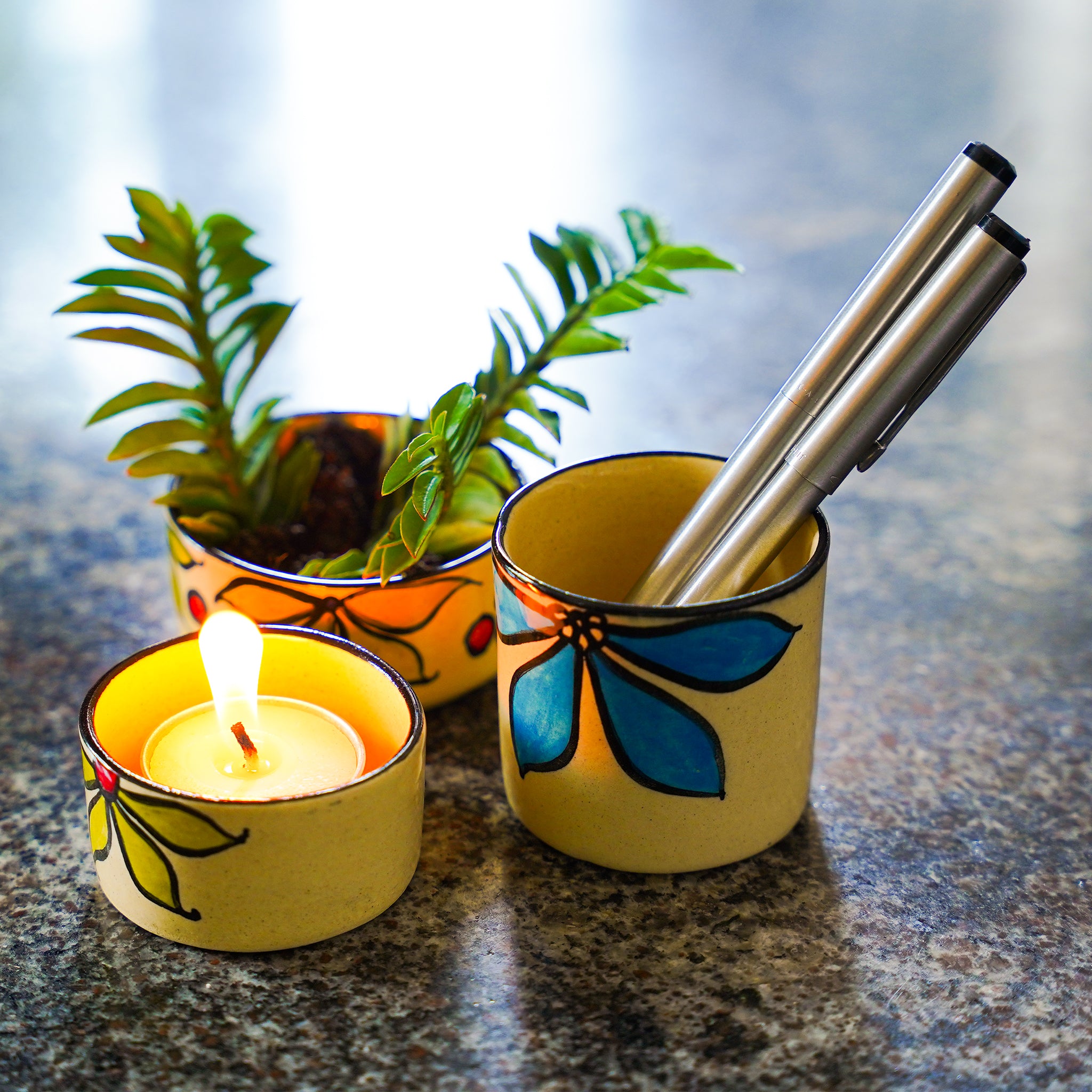 Set of 3 Hand-Painted Ceramic Cottori: T-Light Holder, Mini Planter & Pen Cup