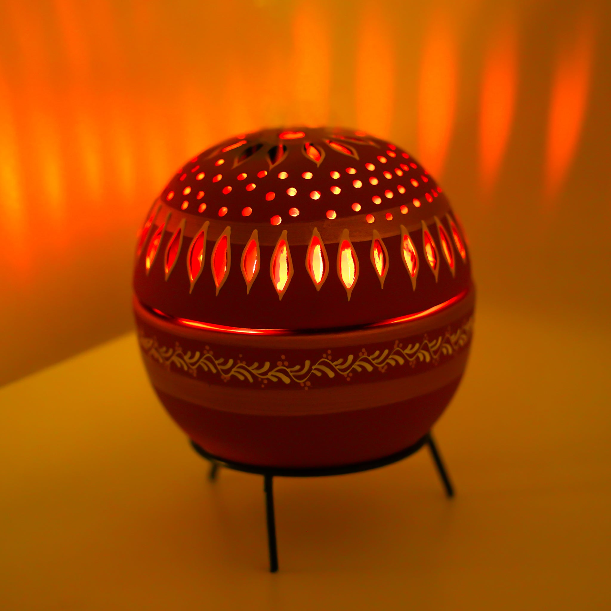 Hand-Carved Terracotta Ball T-Light Holder with Metal Stand