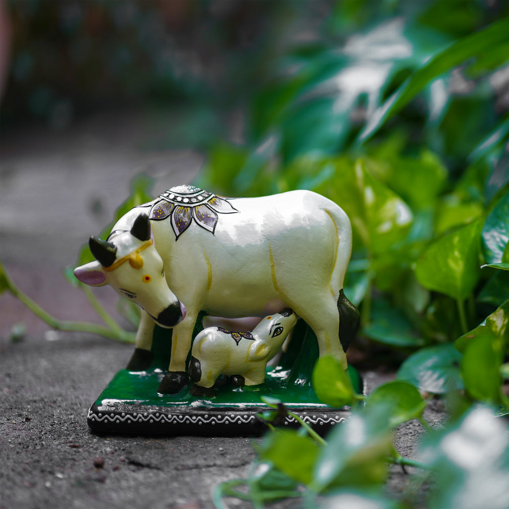 Kamadhenu with Calf – Hand-Painted Decorative Sculpture