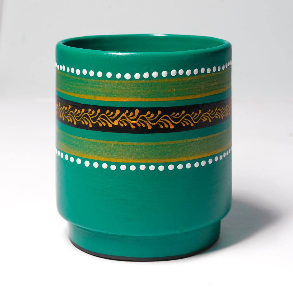 Handcrafted Planter with Rich Green Finish & Artistic Border