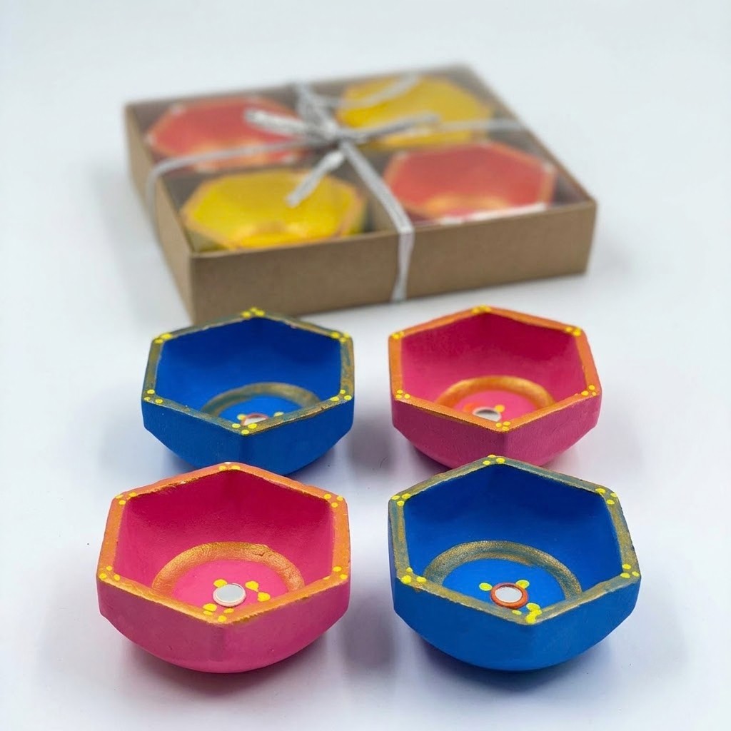 Handmade Terracotta Hexagon Tea Light Candle Holder - Set of 4 (Big)