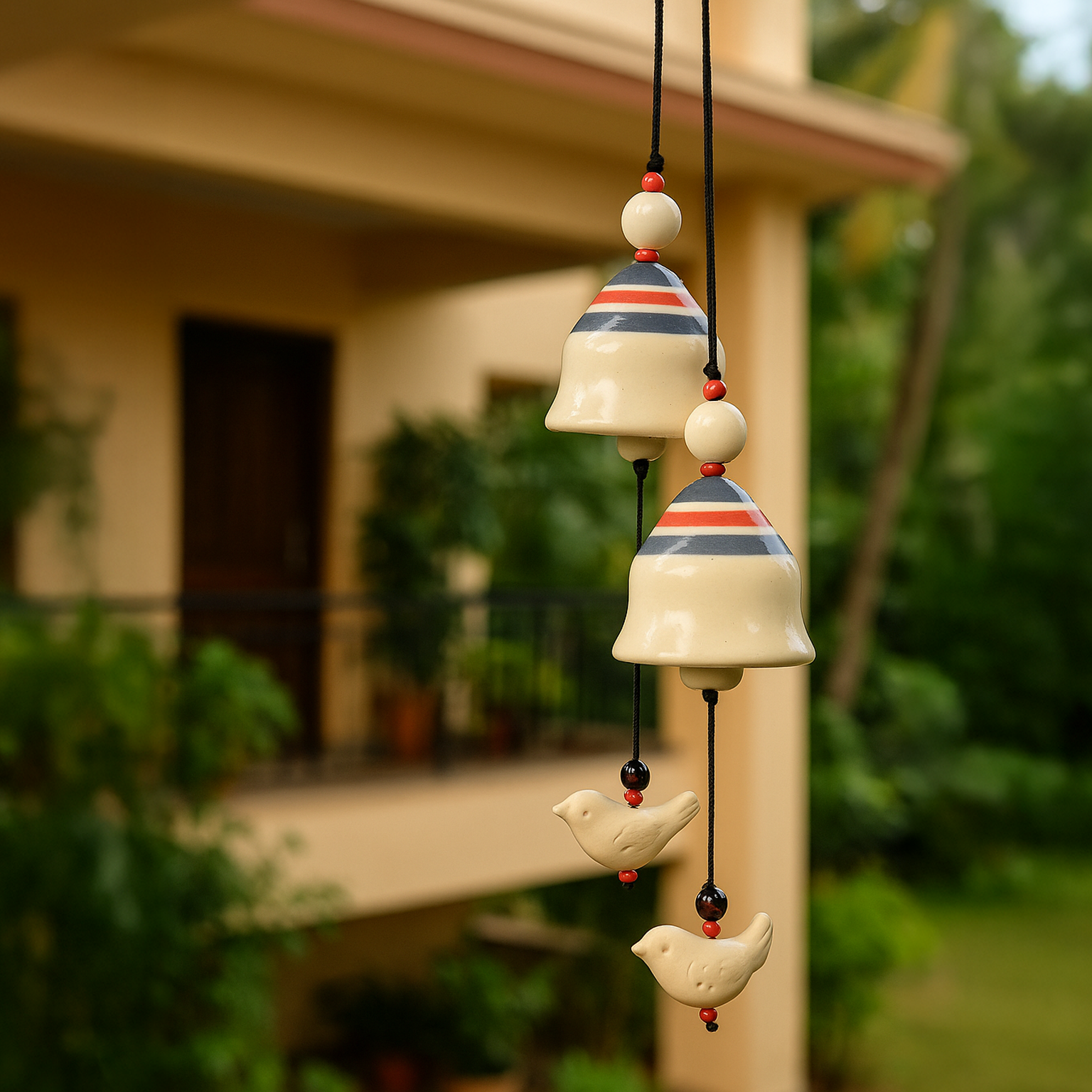 Artisan Ceramic Bell thoranum with Birds – Garden & Balcony Hanging Ornament
