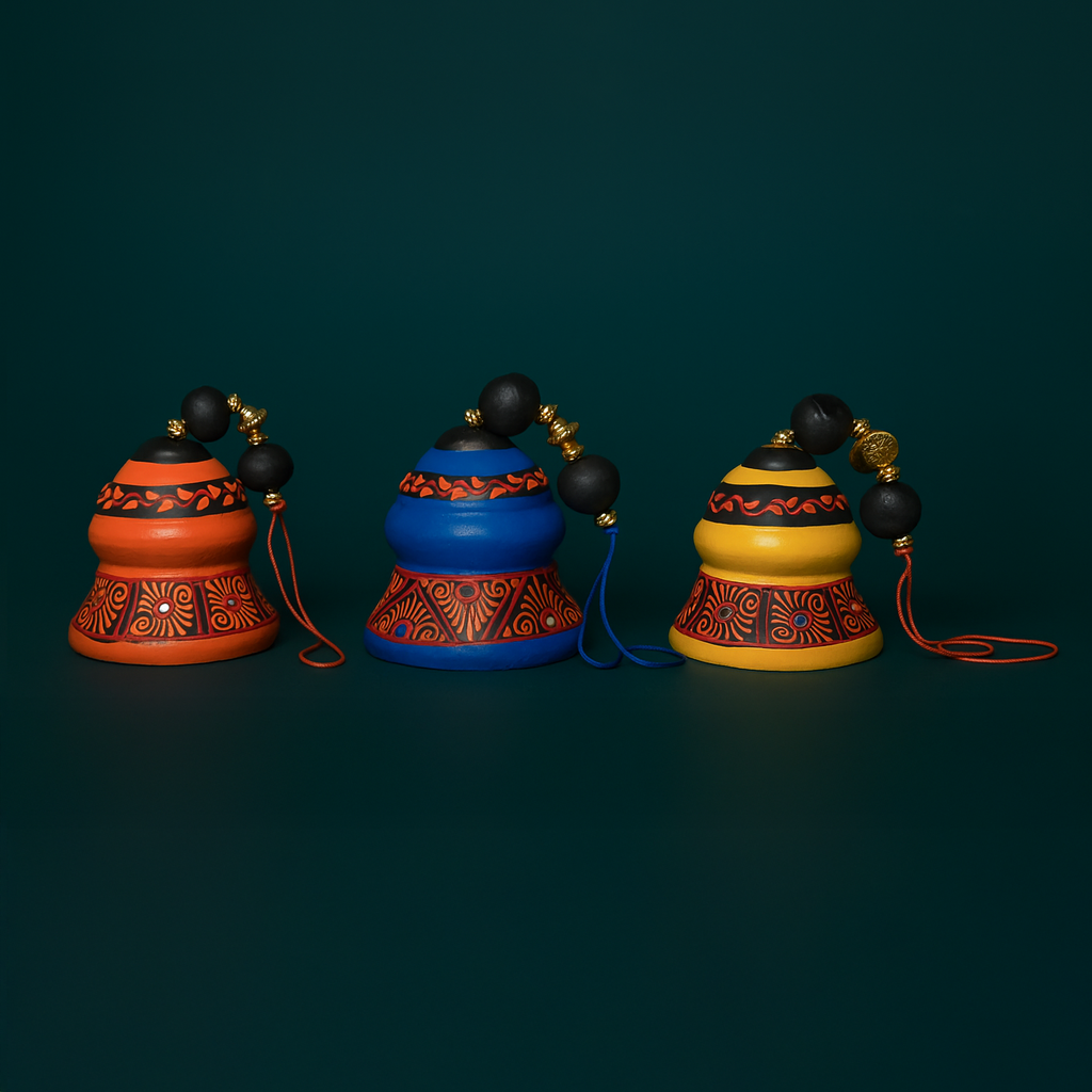 Handcrafted Terracotta Hanging Bells – Set of 3 (Yellow, Blue & Orange)