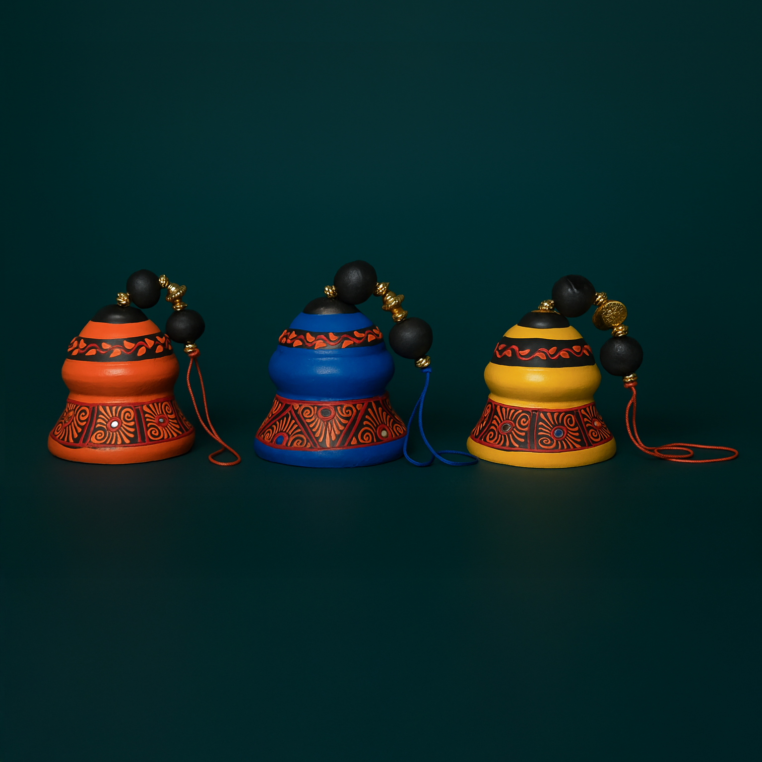 Handcrafted Terracotta Hanging Bells – Set of 3 (Yellow, Blue & Orange)