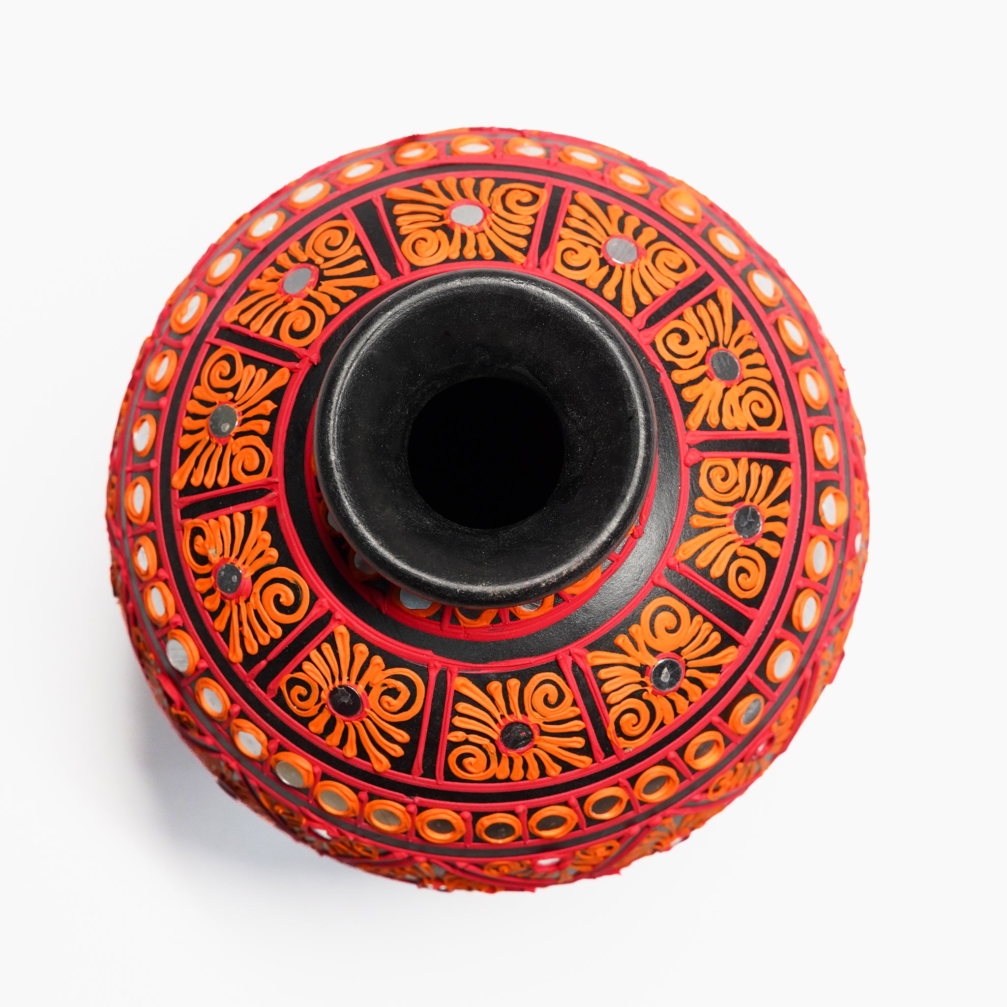 Handcrafted Round Terracotta Vase – Tribal Red & Black Design
