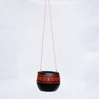 Black Earthenware Hanging Pot with Orange Tribal Art