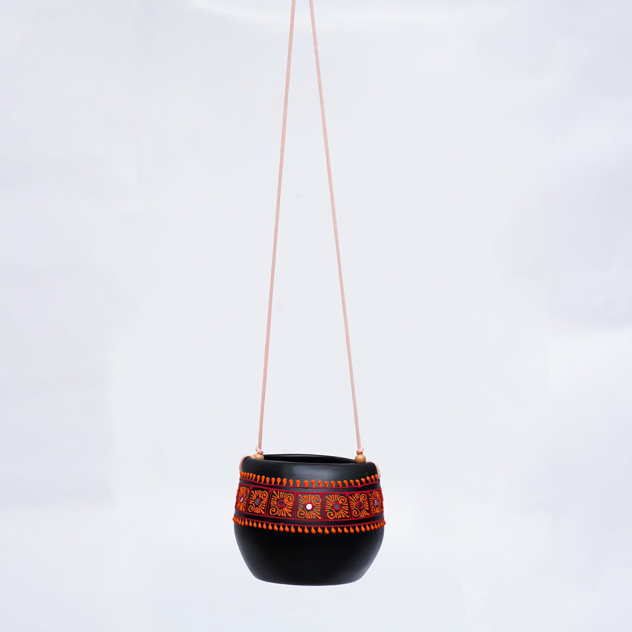 Black Earthenware Hanging Pot with Orange Tribal Art