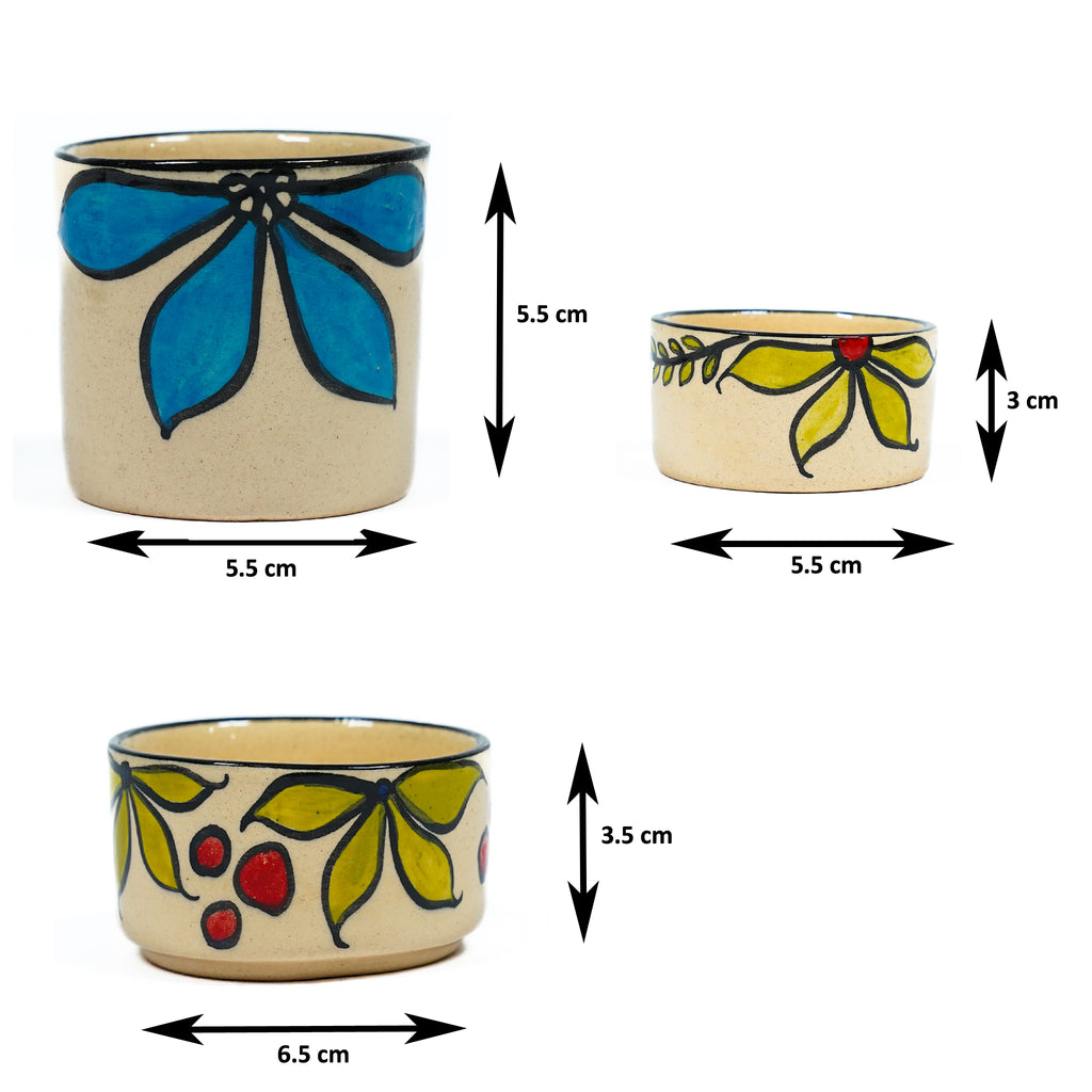 Set of 3 Hand-Painted Ceramic Cottori: T-Light Holder, Mini Planter & Pen Cup