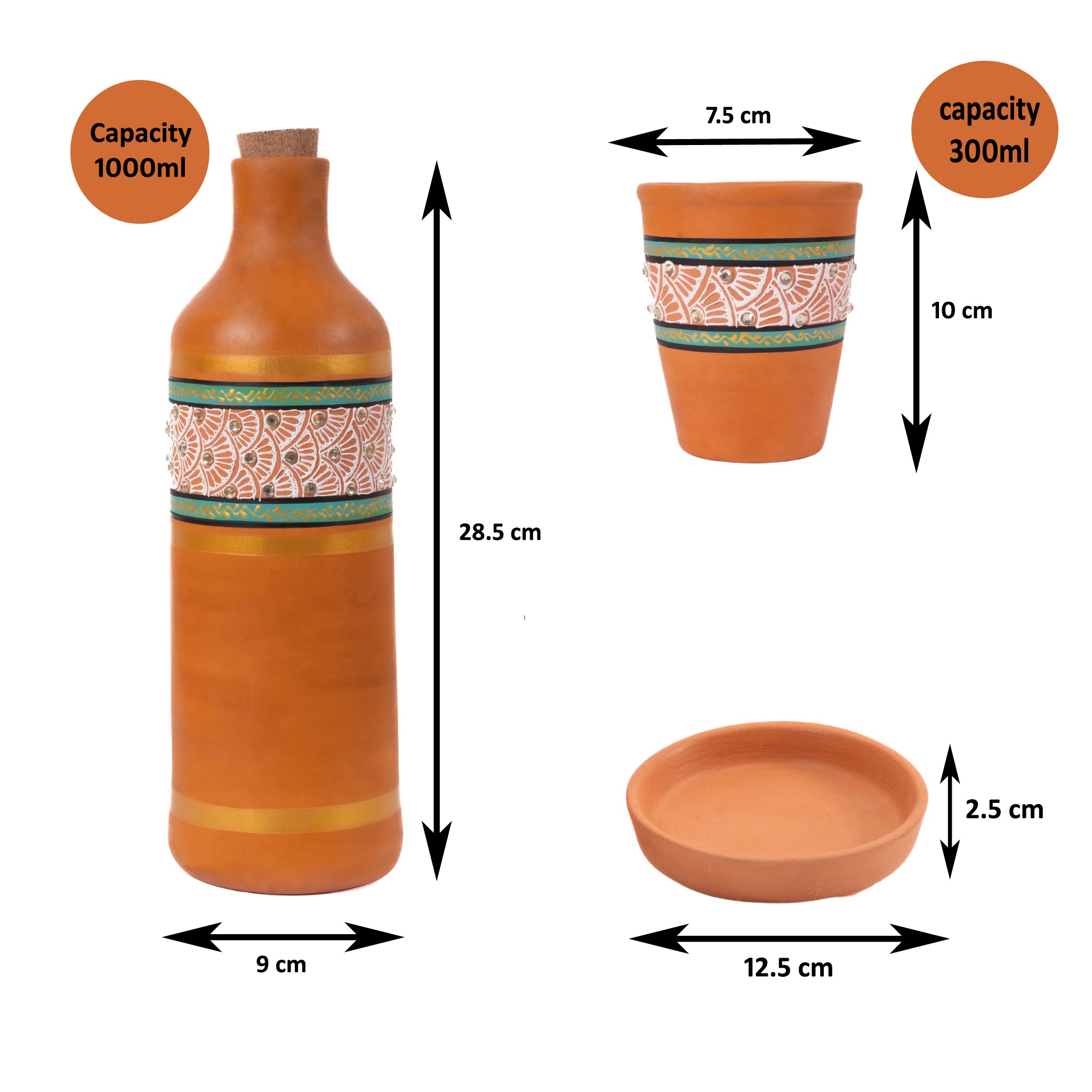 Terracotta Water Bottle With Tumbler 1000ml