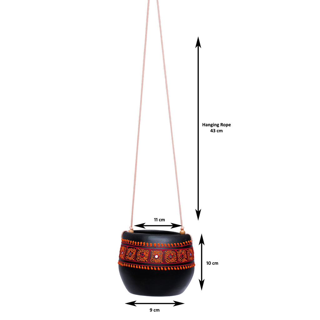 Black Earthenware Hanging Pot with Orange Tribal Art