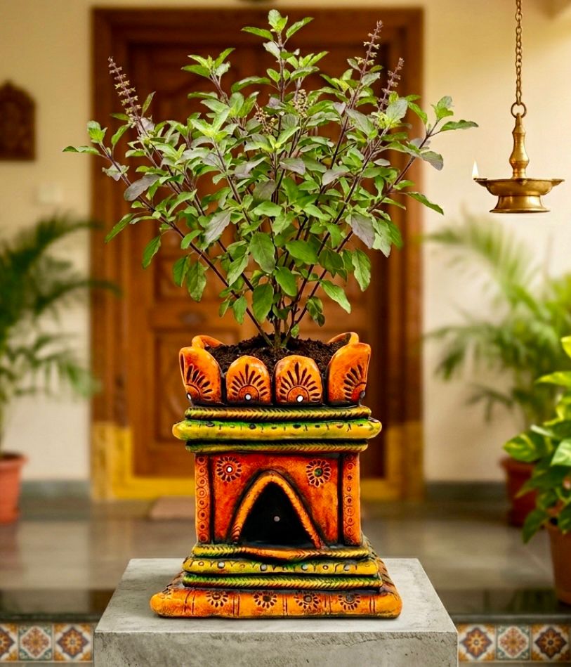 Handcrafted Terracotta Tulasi Planter – Traditional Temple Design