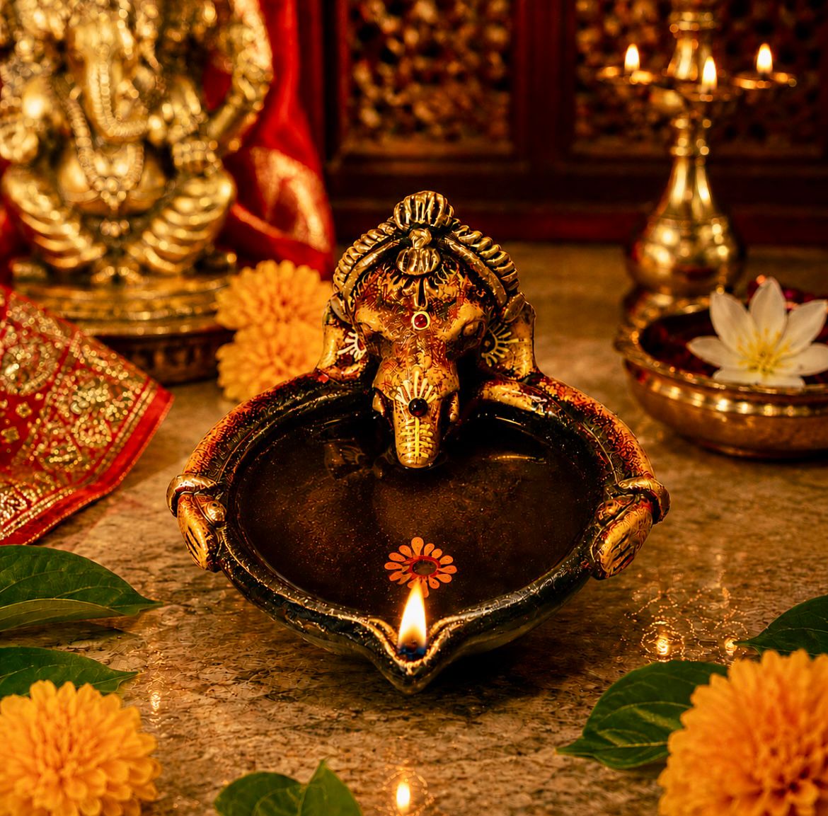 Pooja Antique Ganesh Agal | Diya | Oil Lamp Set Of 2