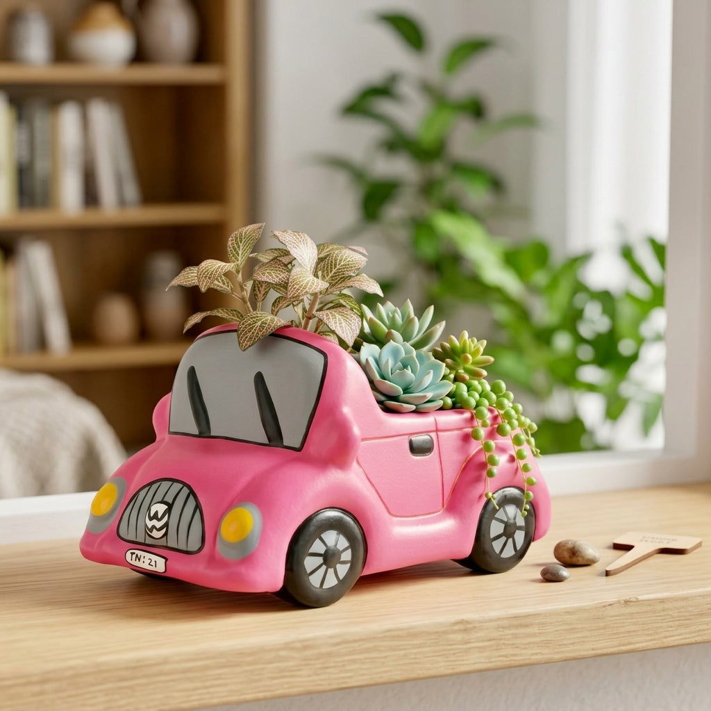 Pink Car Planter – Handcrafted Terracotta Ride
